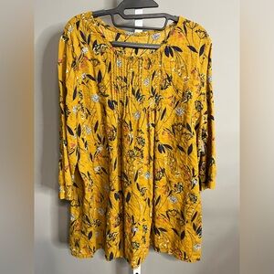 Golden Yellow Floral Bohemian Blouse with Navy and Pink Accents